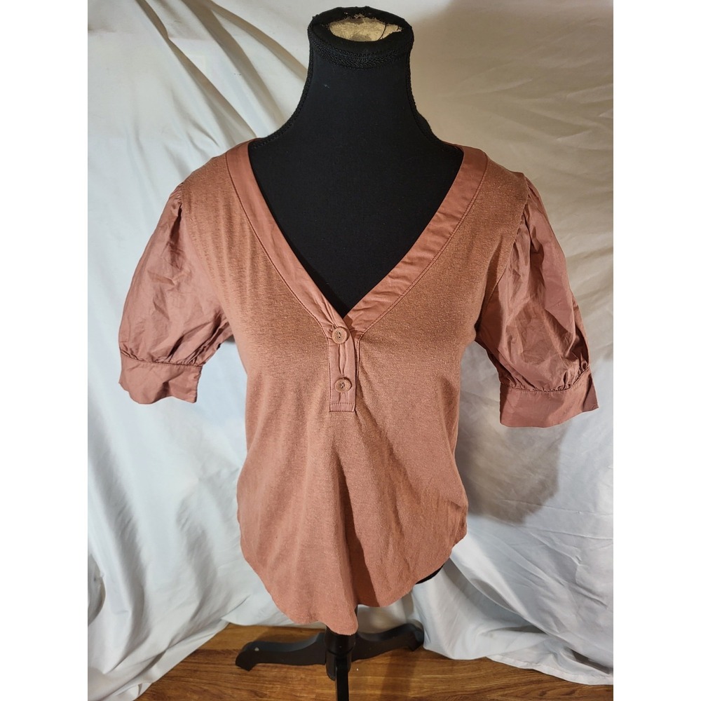 NWT Gap Top Womens XS Terracotta Puff Sleeve Henley V Neck